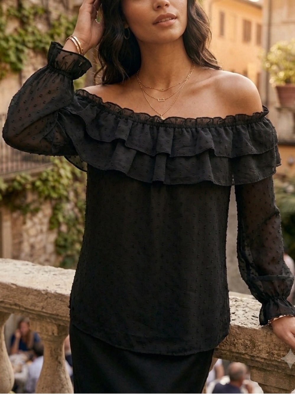 Oddy Boutique Off-Shoulder Black Ruffled Swiss Dot Top